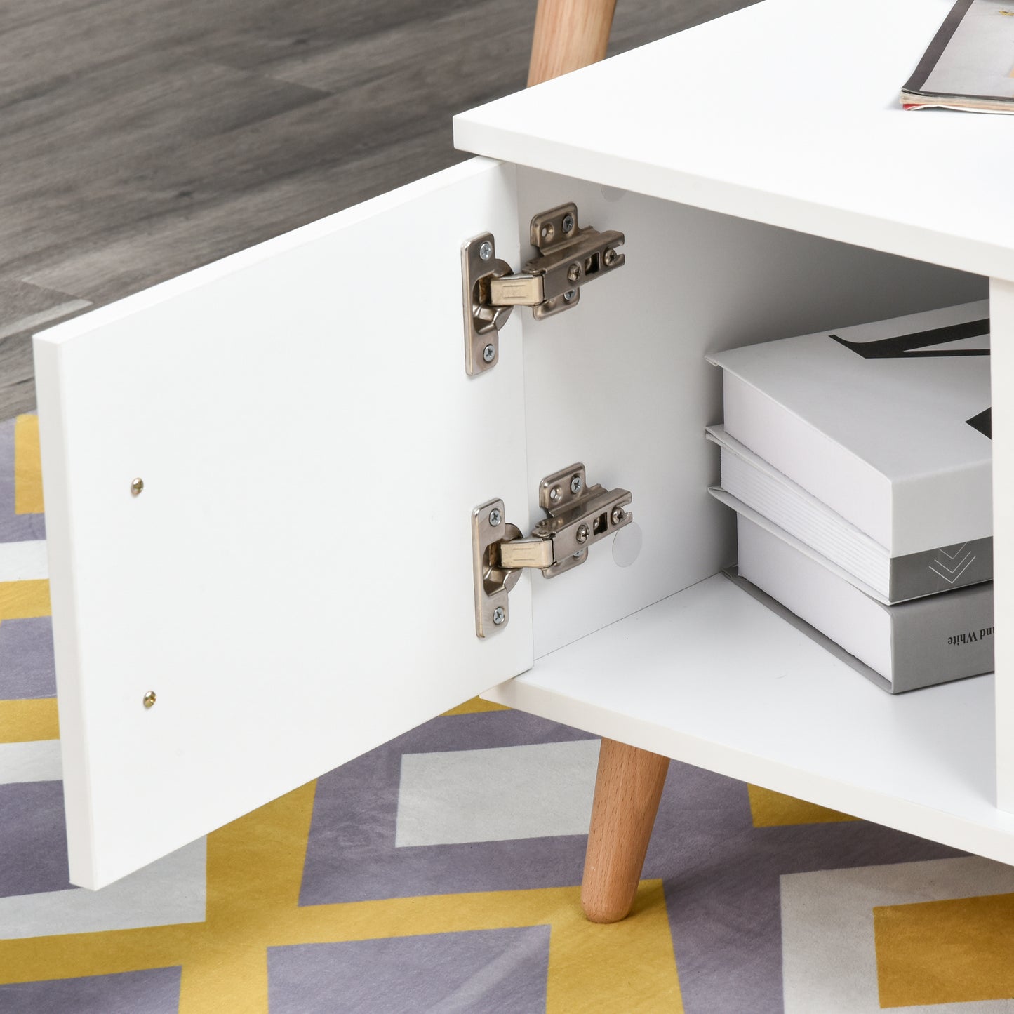 Modern White Cocktail Coffee Table with Storage – 2-Tier Living Room Table with Drawer, Cabinet & Shelf