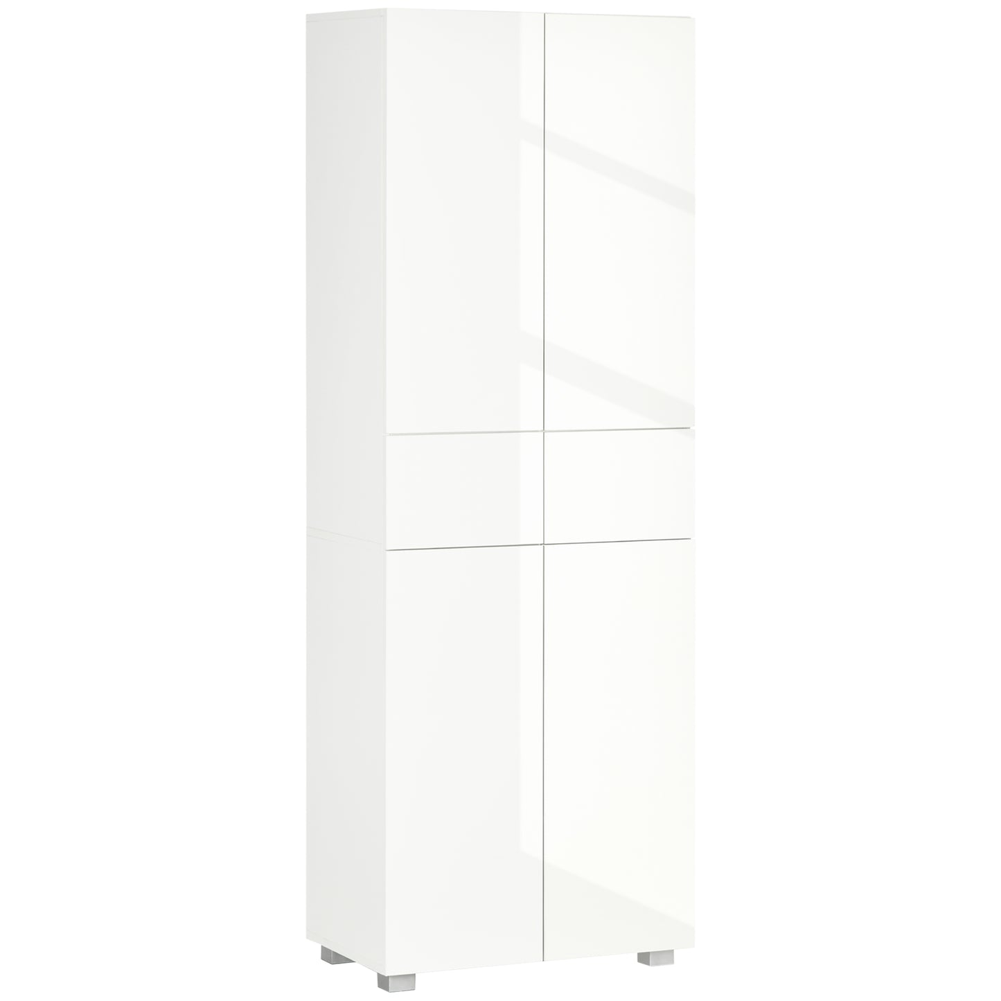 4-Door Kitchen Cupboard, Tall Freestanding 5-Tier Storage Cabinet with 3 Adjustable Shelves, 2 Drawers for Living Room, Dining Room, Push to Open Design, High Gloss White