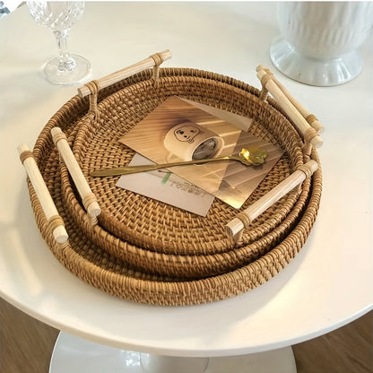 Handmade Rattan Tray – Round Woven Storage Basket with Handles for Tea, Fruit & Decor