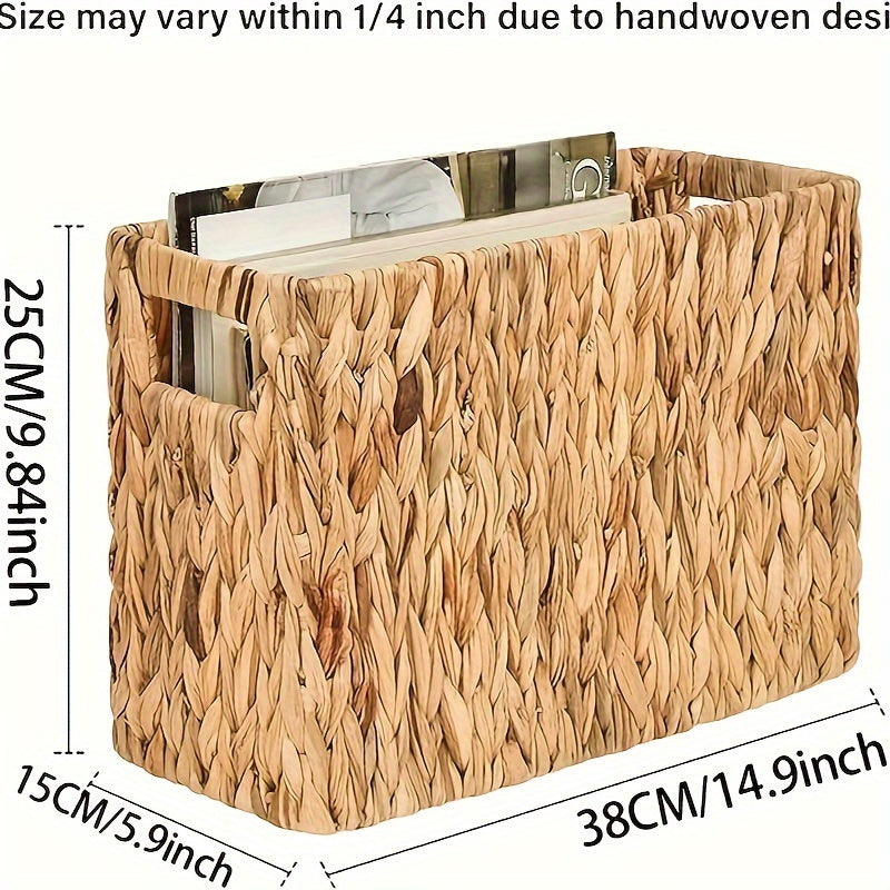 Hand-Woven Rattan Magazine Holder – Natural Water Hyacinth Wicker Basket for Magazines, Books, Mail, and Home Storage