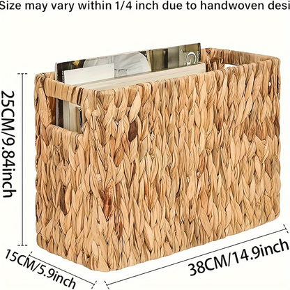 Hand-Woven Rattan Magazine Holder – Natural Water Hyacinth Wicker Basket for Magazines, Books, Mail, and Home Storage