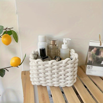 Woven Cosmetic Storage Basket – Portable Cotton Rope Organizer for Makeup, Desktop, and Home
