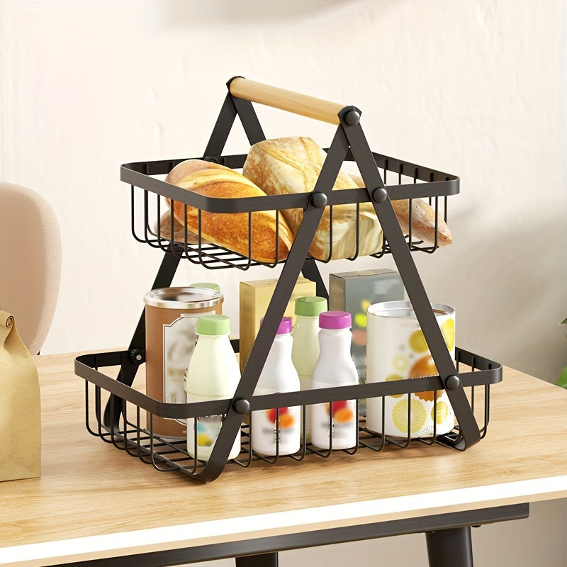 2/3 Tier Metal Wire Storage Basket – Countertop Organizer with Wooden Handle for Bathroom & Home