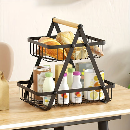2/3 Tier Metal Wire Storage Basket – Countertop Organizer with Wooden Handle for Bathroom & Home