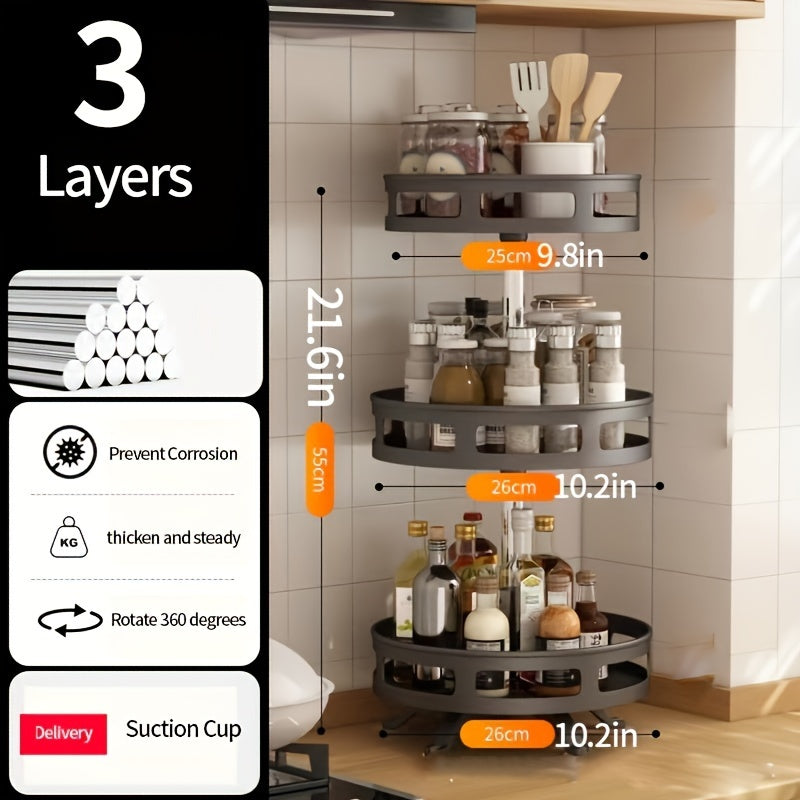 1pc 360° Rotating Spice Rack – Countertop 3 Tier Round Metal Turntable Organizer for Kitchen & Dining