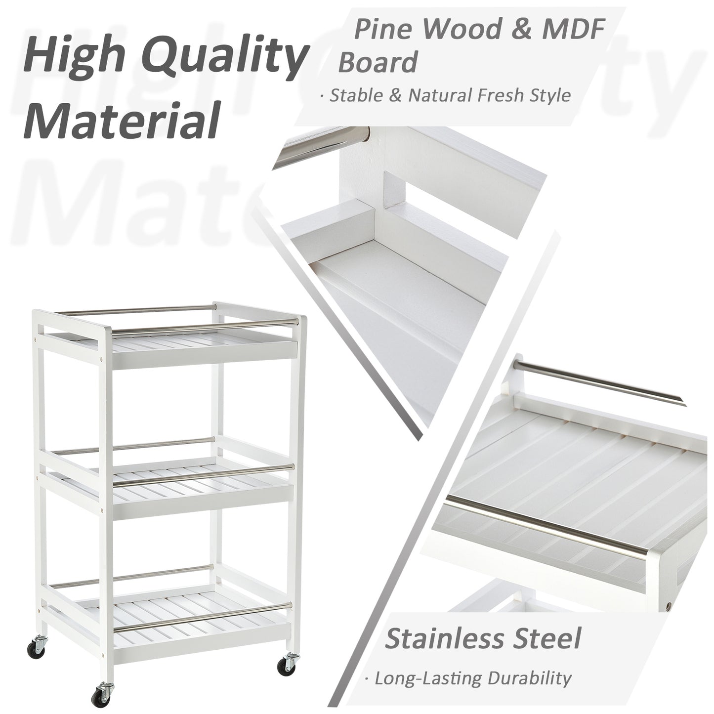 3-Tier Home Trolley Kitchen Storage Cart with Steel Bars & 4 Universal Wheels