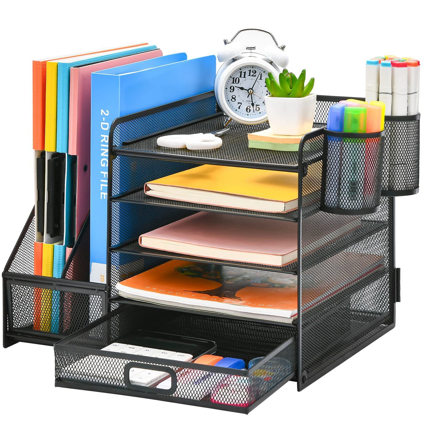 5-Tier Desk Organizer with Drawer & Pen Holders – Metal Mesh File Holder, Paper Letter Tray & Magazine Rack for Office Supplies
