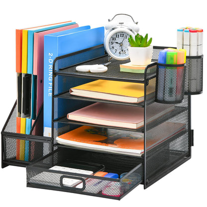 5-Tier Desk Organizer with Drawer & Pen Holders – Metal Mesh File Holder, Paper Letter Tray & Magazine Rack for Office Supplies