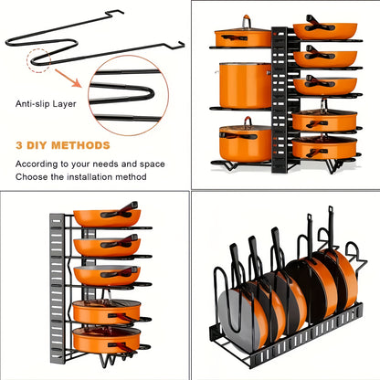 8-Tier Heavy-Duty Iron Pot Rack Organizer – Rust-Resistant Floor Standing Metal Pot & Pan Storage