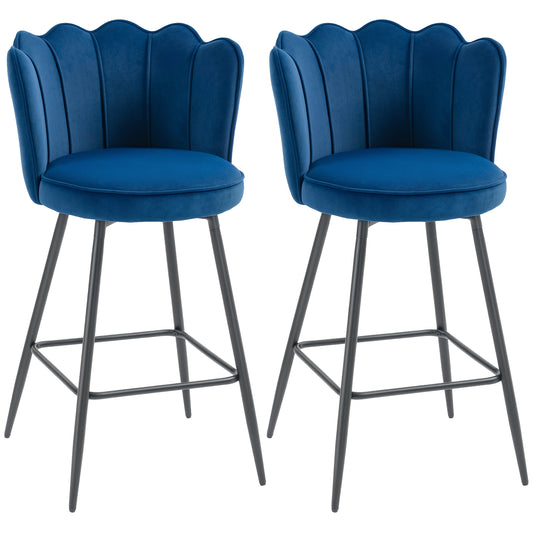Set of Two Velvet-Feel Lotus Bar Stools- Dark Blue