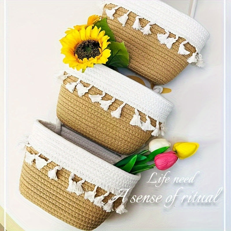 Boho Chic 3-Tier Tassel Hanging Storage Basket – Wall Organizer