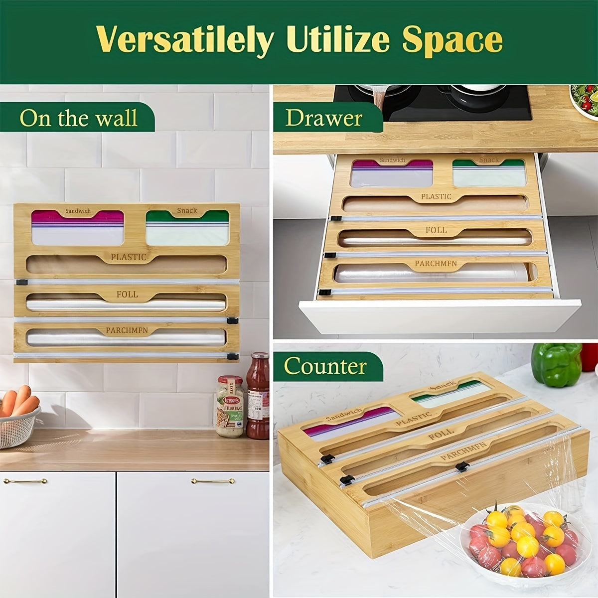 Multi-Purpose Kitchen Storage Rack – 5-in-1 Plastic Wrap, Foil & Bag Organizer for Drawers & Cabinets