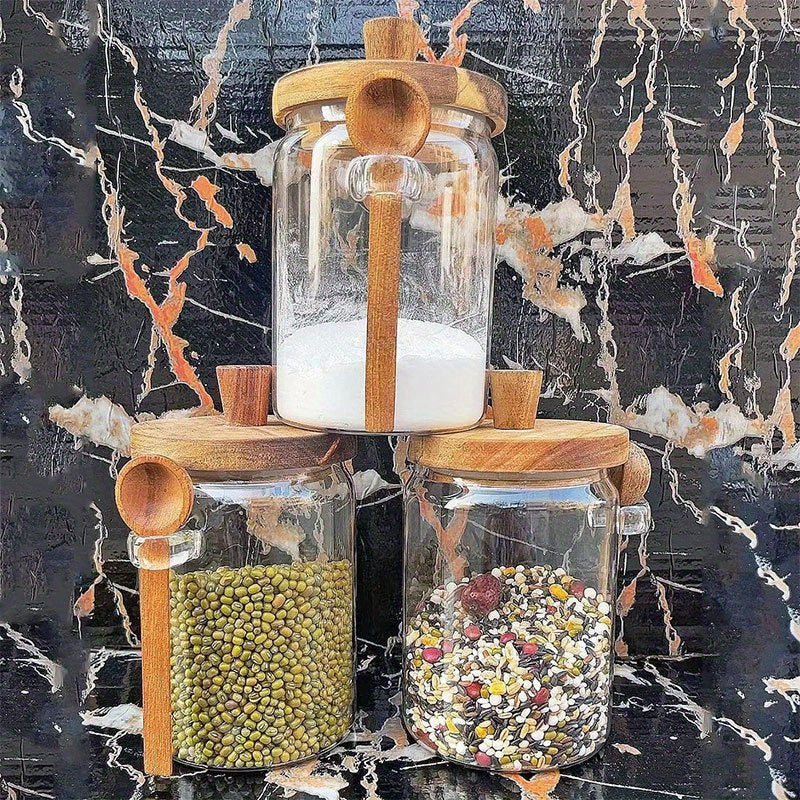 1pc Premium Glass Jar Set – Clear Canisters with Air-Tight Wooden Lids & Scoop for Kitchen Storage