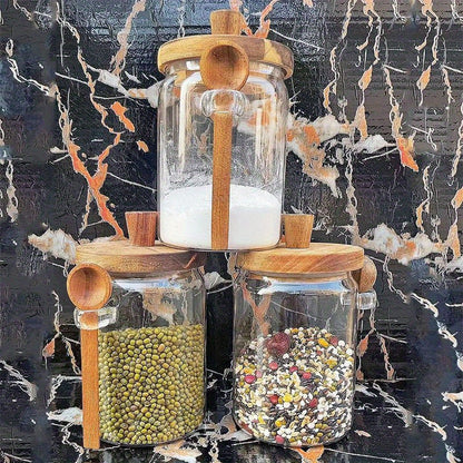1pc Premium Glass Jar Set – Clear Canisters with Air-Tight Wooden Lids & Scoop for Kitchen Storage