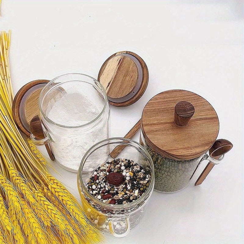 1pc Premium Glass Jar Set – Clear Canisters with Air-Tight Wooden Lids & Scoop for Kitchen Storage