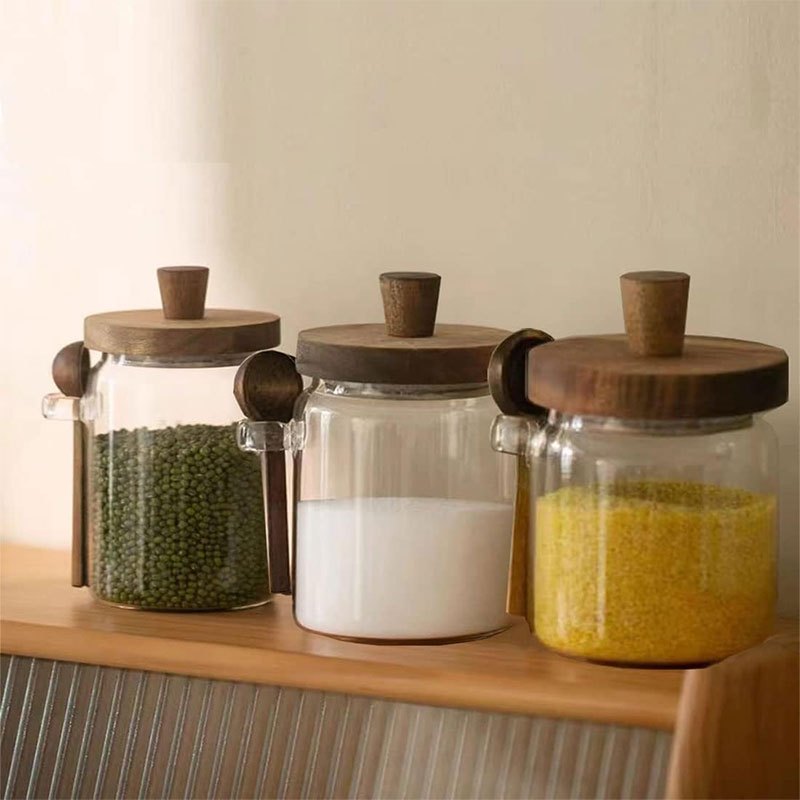 1pc Premium Glass Jar Set – Clear Canisters with Air-Tight Wooden Lids & Scoop for Kitchen Storage