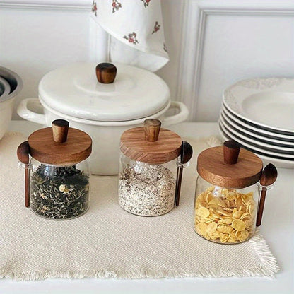 1pc Premium Glass Jar Set – Clear Canisters with Air-Tight Wooden Lids & Scoop for Kitchen Storage