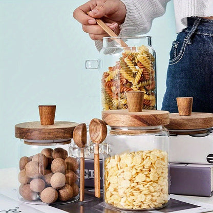 1pc Premium Glass Jar Set – Clear Canisters with Air-Tight Wooden Lids & Scoop for Kitchen Storage