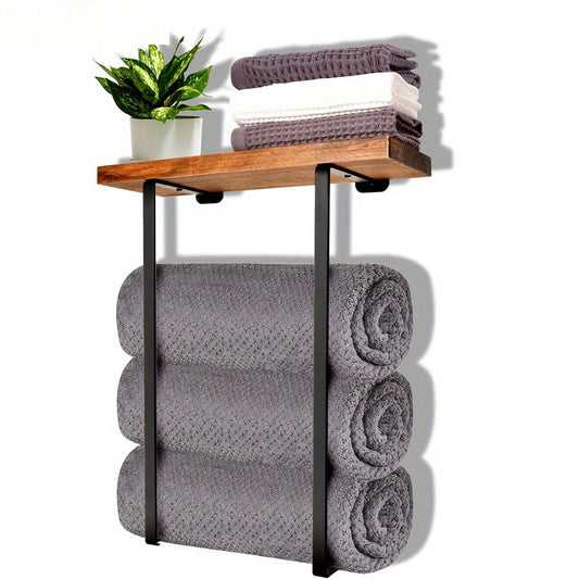 Wall-Mounted Wooden Bathroom Storage Rack with Double Rods – Space-Saving Towel Holder for Small Bathrooms