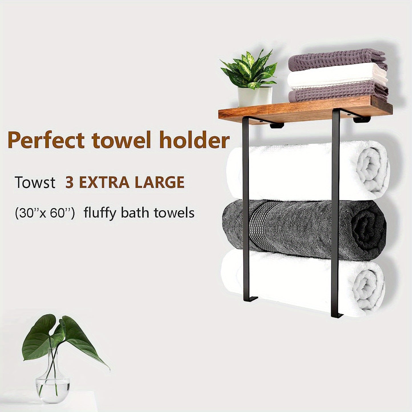 Wall-Mounted Wooden Bathroom Storage Rack with Double Rods – Space-Saving Towel Holder for Small Bathrooms