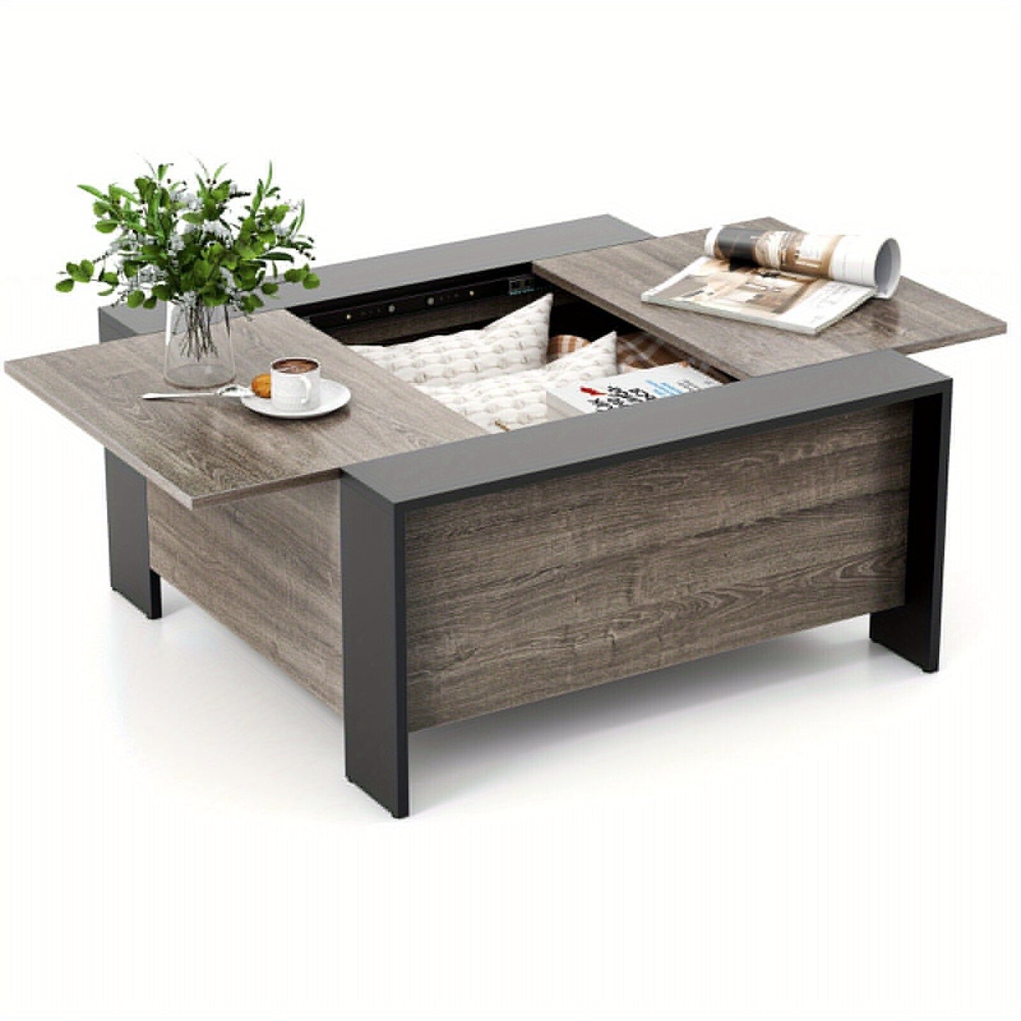 Sliding Top Square Coffee Table – Engineered Wood & Metal with Hidden Storage