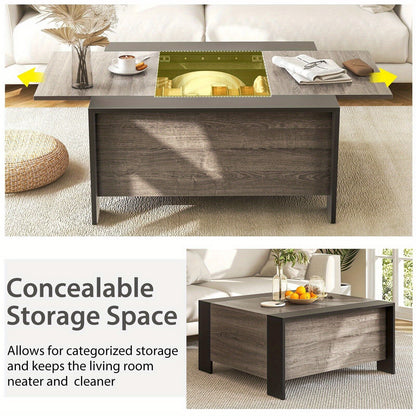 Sliding Top Square Coffee Table – Engineered Wood & Metal with Hidden Storage
