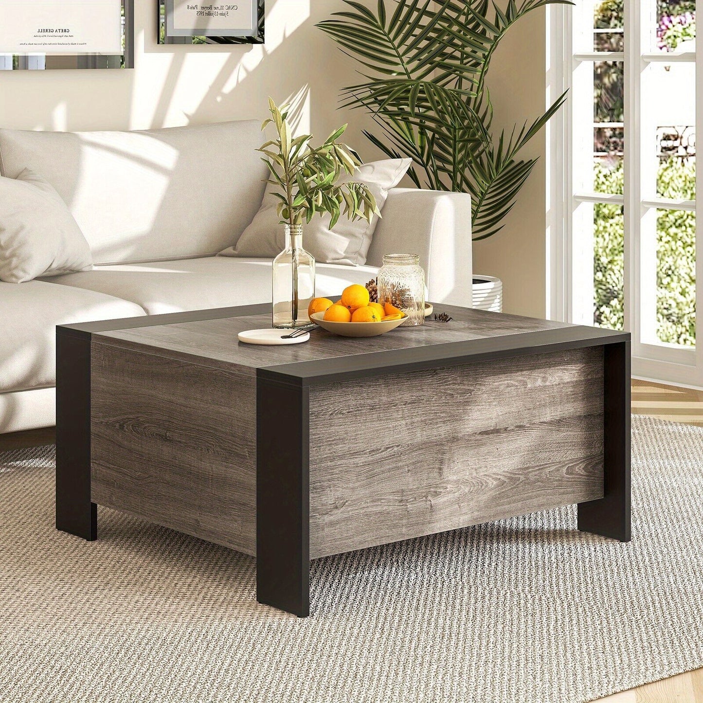 Sliding Top Square Coffee Table – Engineered Wood & Metal with Hidden Storage