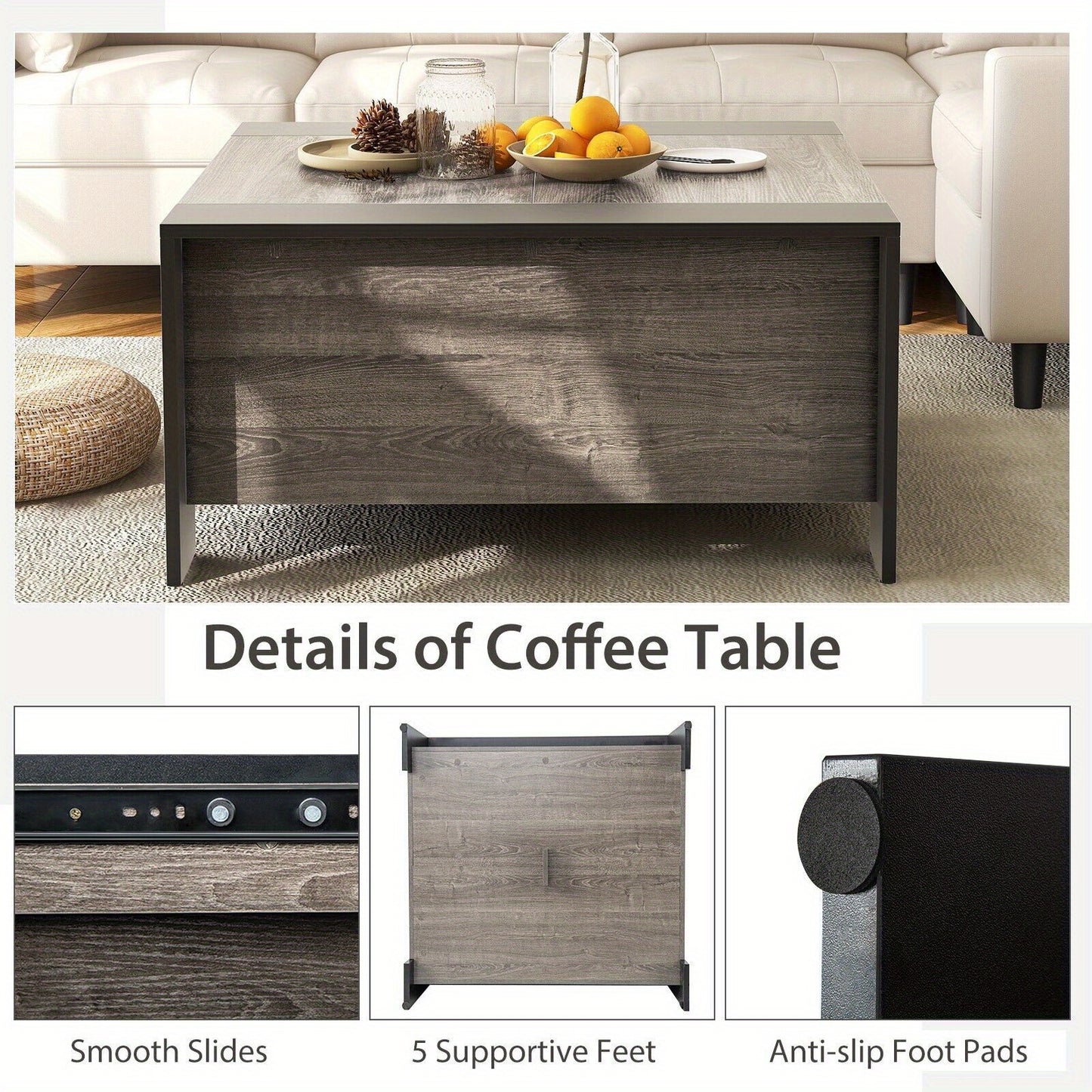 Sliding Top Square Coffee Table – Engineered Wood & Metal with Hidden Storage