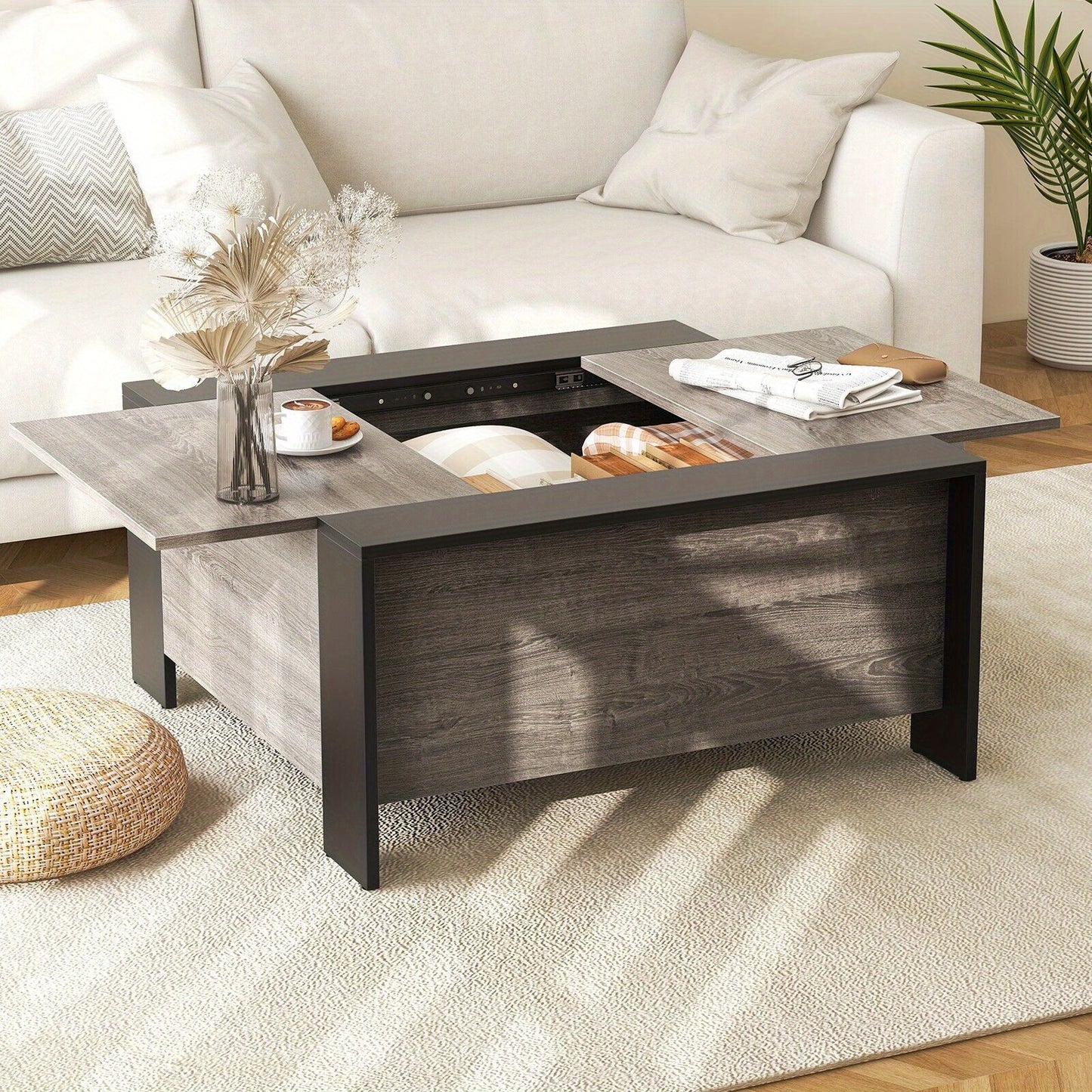 Sliding Top Square Coffee Table – Engineered Wood & Metal with Hidden Storage