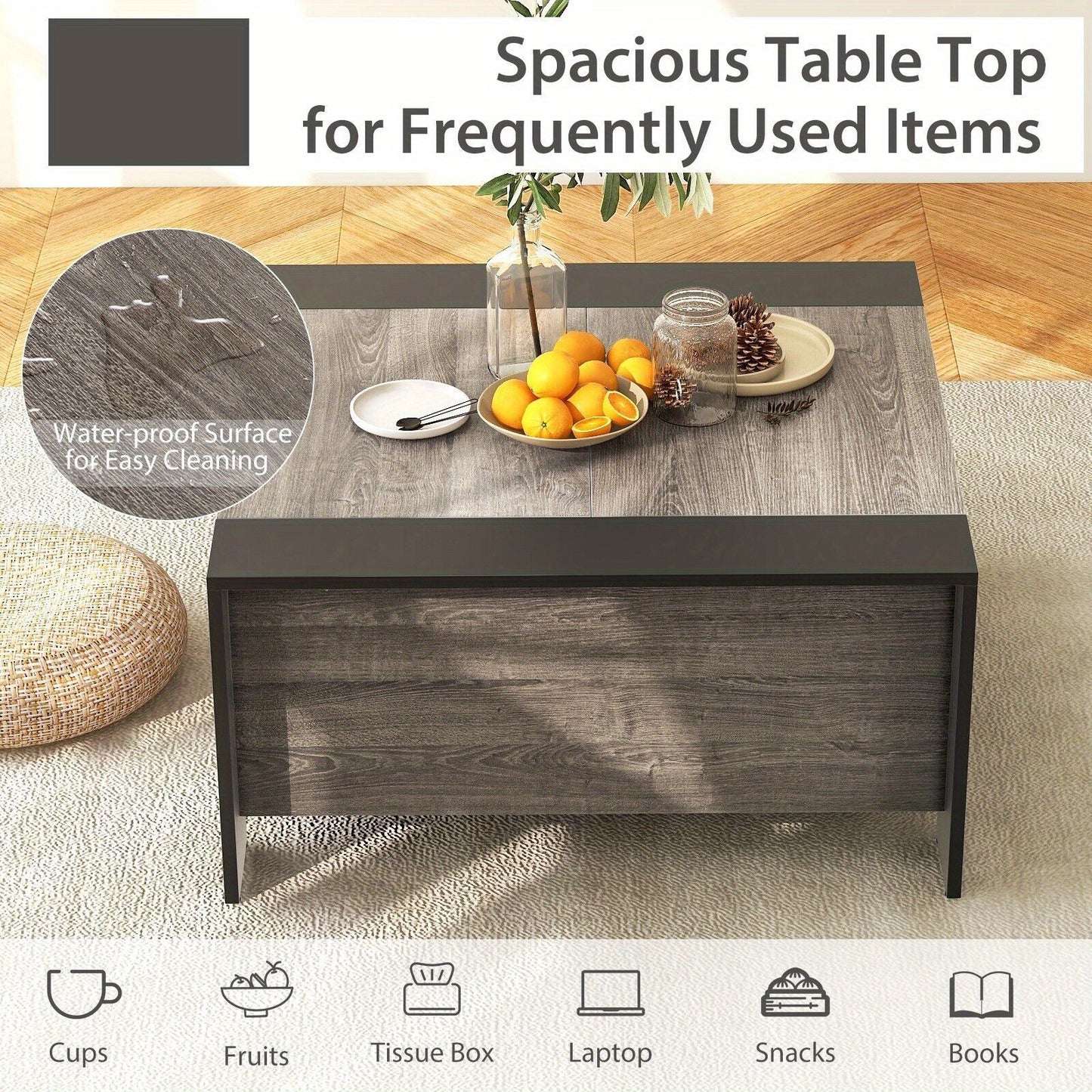 Sliding Top Square Coffee Table – Engineered Wood & Metal with Hidden Storage