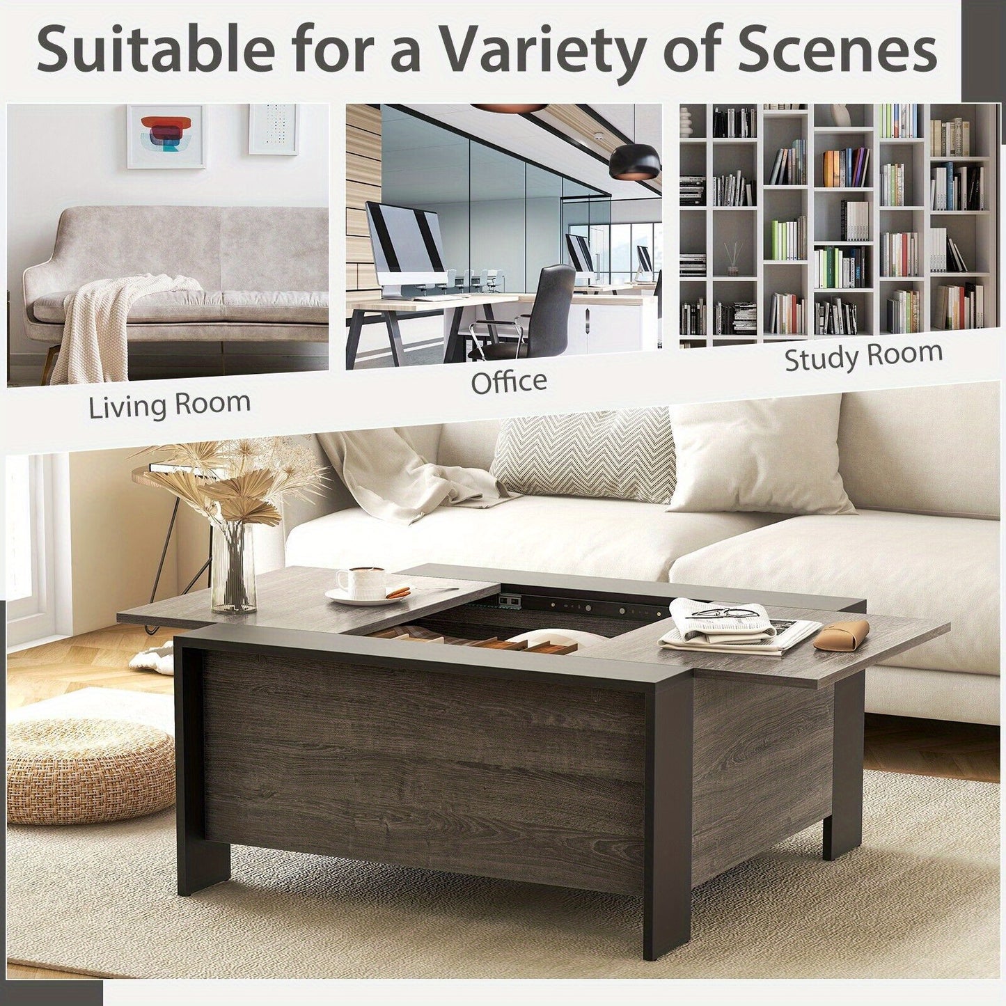 Sliding Top Square Coffee Table – Engineered Wood & Metal with Hidden Storage