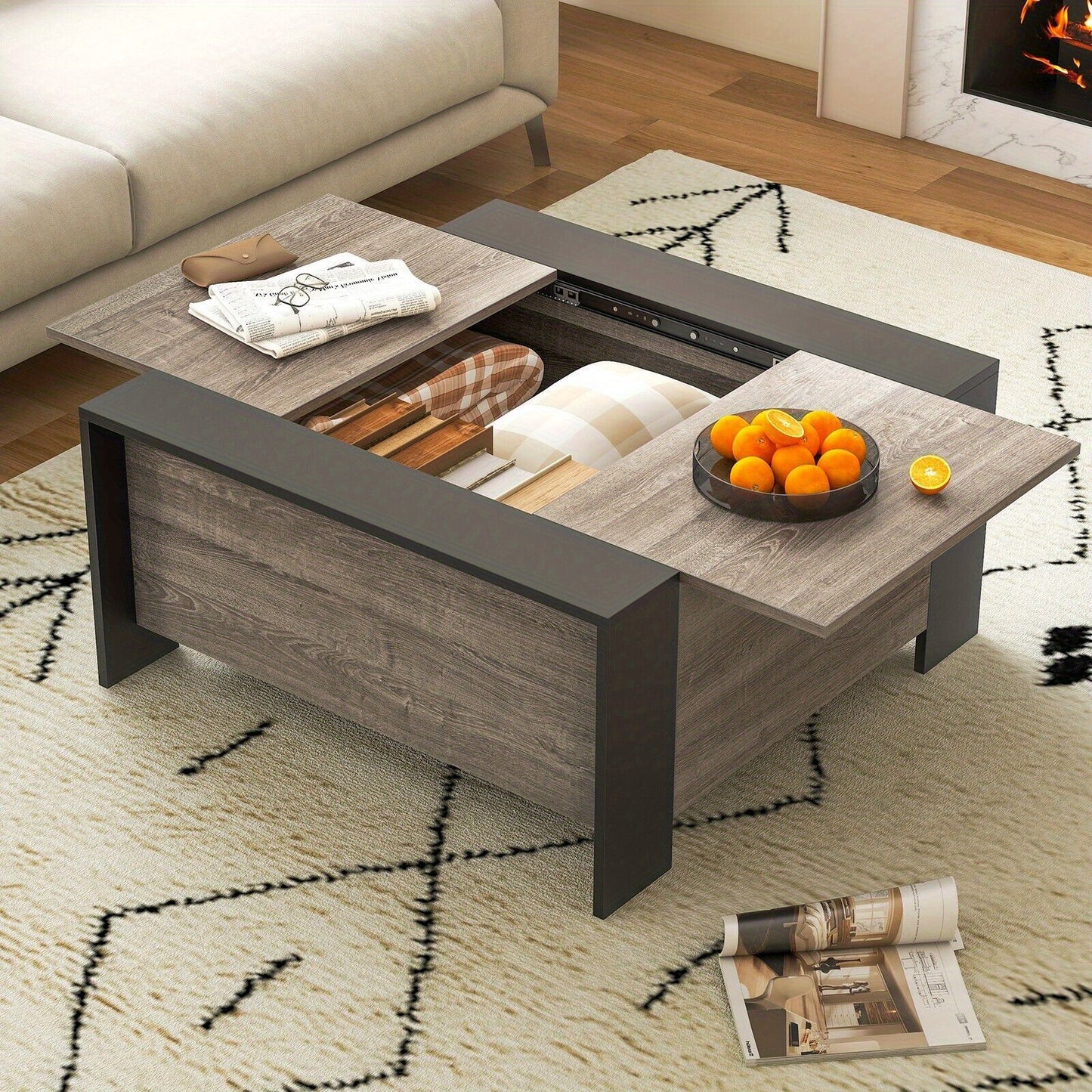 Sliding Top Square Coffee Table – Engineered Wood & Metal with Hidden Storage