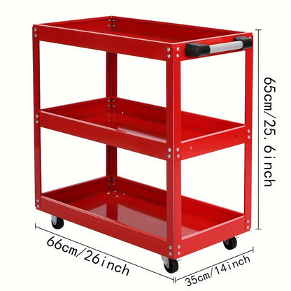 Red Steel Tool Trolley Cart with 3 Levels, Sliding Drawer & Wheeled Storage – Workshop, Garage & Home Organizer