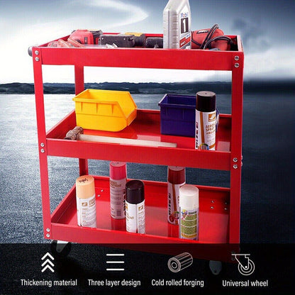 Red Steel Tool Trolley Cart with 3 Levels, Sliding Drawer & Wheeled Storage – Workshop, Garage & Home Organizer