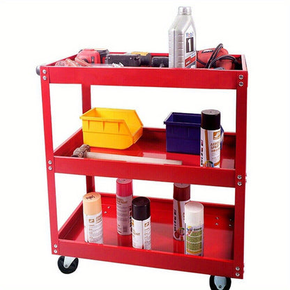 Red Steel Tool Trolley Cart with 3 Levels, Sliding Drawer & Wheeled Storage – Workshop, Garage & Home Organizer
