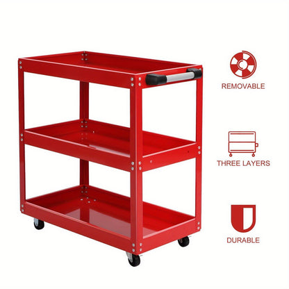 Red Steel Tool Trolley Cart with 3 Levels, Sliding Drawer & Wheeled Storage – Workshop, Garage & Home Organizer