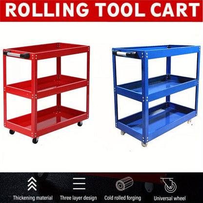 Red Steel Tool Trolley Cart with 3 Levels, Sliding Drawer & Wheeled Storage – Workshop, Garage & Home Organizer