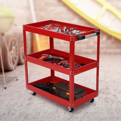 Red Steel Tool Trolley Cart with 3 Levels, Sliding Drawer & Wheeled Storage – Workshop, Garage & Home Organizer