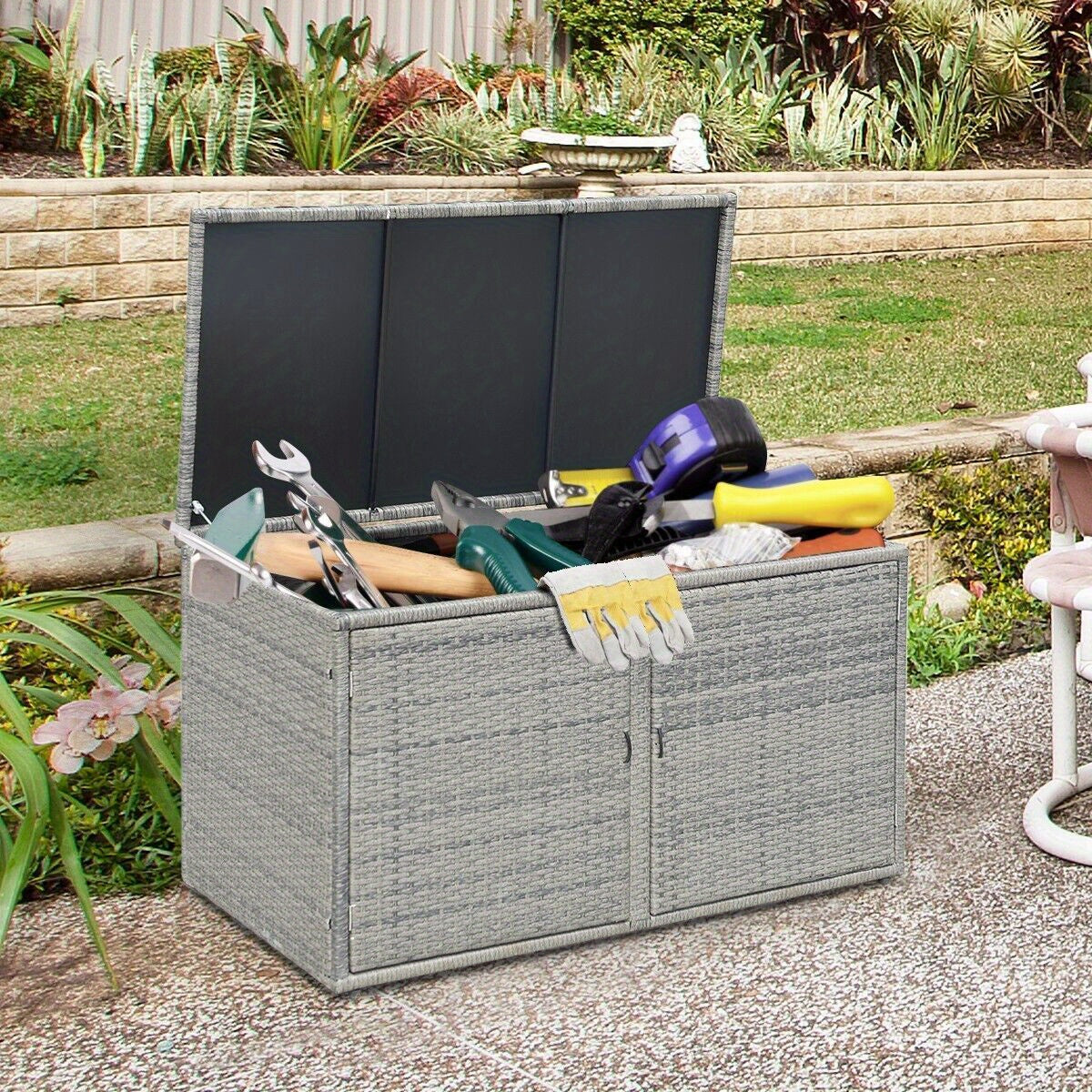 Outdoor PE Wicker Storage Box, 330L Garden Patio Storage Container