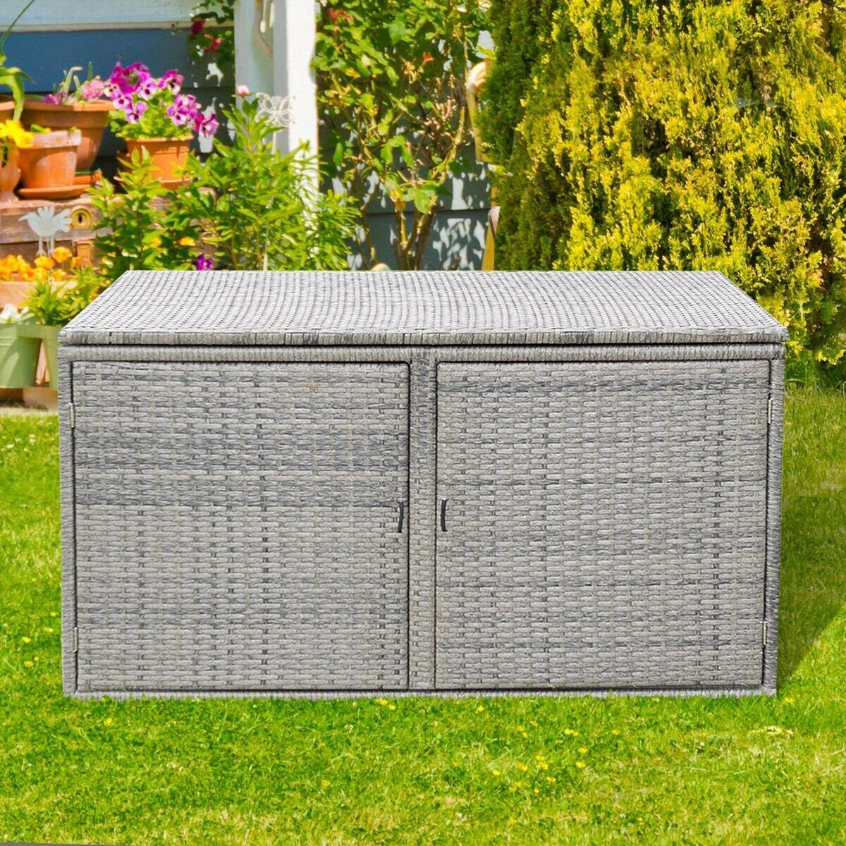 Outdoor PE Wicker Storage Box, 330L Garden Patio Storage Container