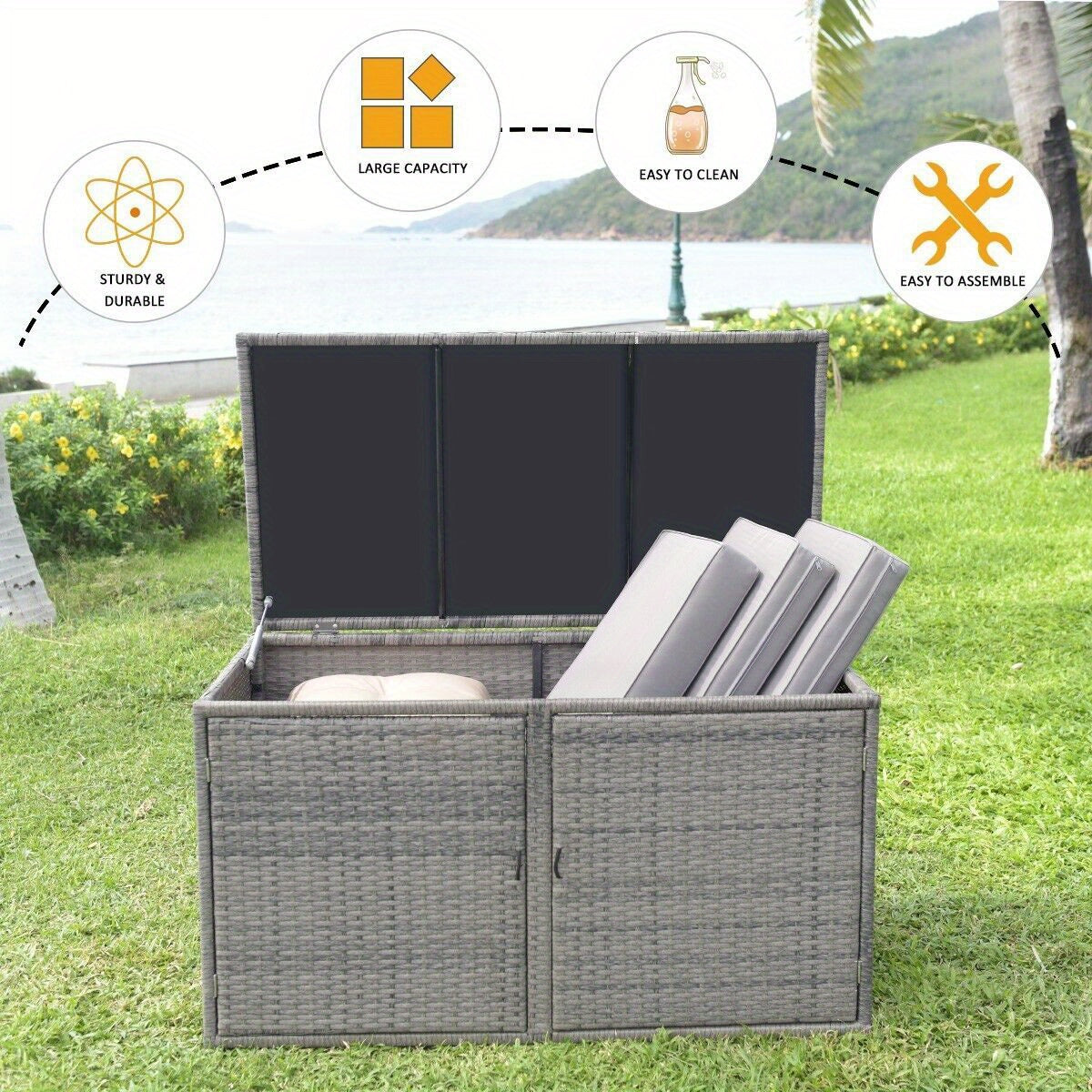 Outdoor PE Wicker Storage Box, 330L Garden Patio Storage Container