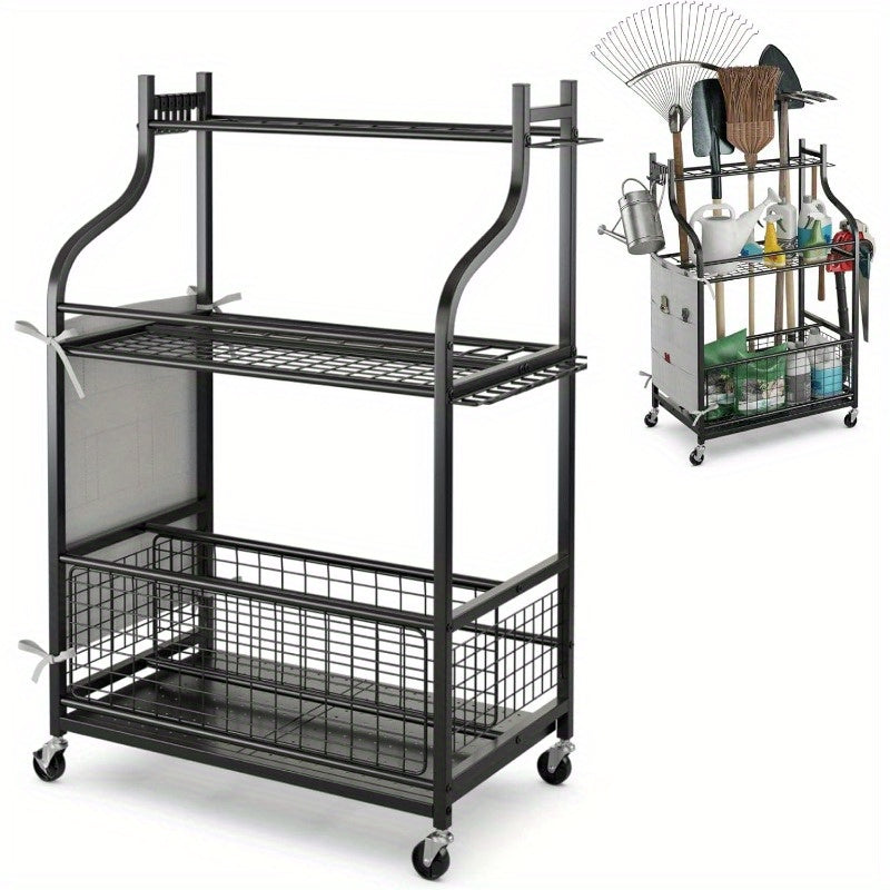 Mobile heavy duty Garden Tool Tower, 3 Tier Garage Storage Rack Cart with Lockable Wheels