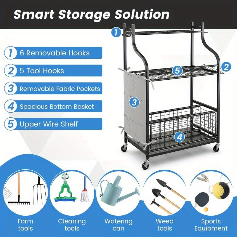 Mobile heavy duty Garden Tool Tower, 3 Tier Garage Storage Rack Cart with Lockable Wheels