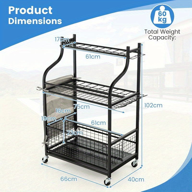 Mobile heavy duty Garden Tool Tower, 3 Tier Garage Storage Rack Cart with Lockable Wheels