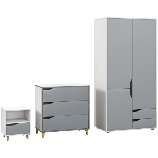 Bedroom Furniture Set, Wardrobe with Hanging Rail, 3 Drawer Chest of Drawers, Bedside Table with Drawer, Grey and White