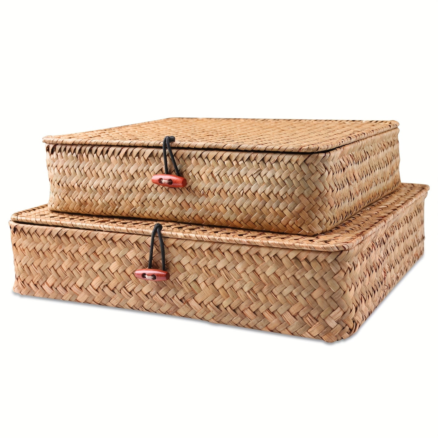 2pcs Boho Seagrass Wicker Storage Bins with Lids – Natural Multipurpose Organizer Boxes for Shelf & Home Storage