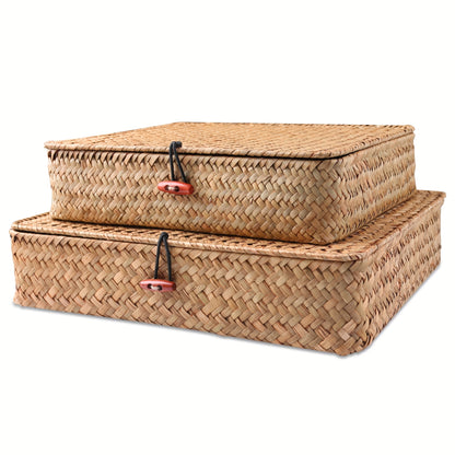 2pcs Boho Seagrass Wicker Storage Bins with Lids – Natural Multipurpose Organizer Boxes for Shelf & Home Storage