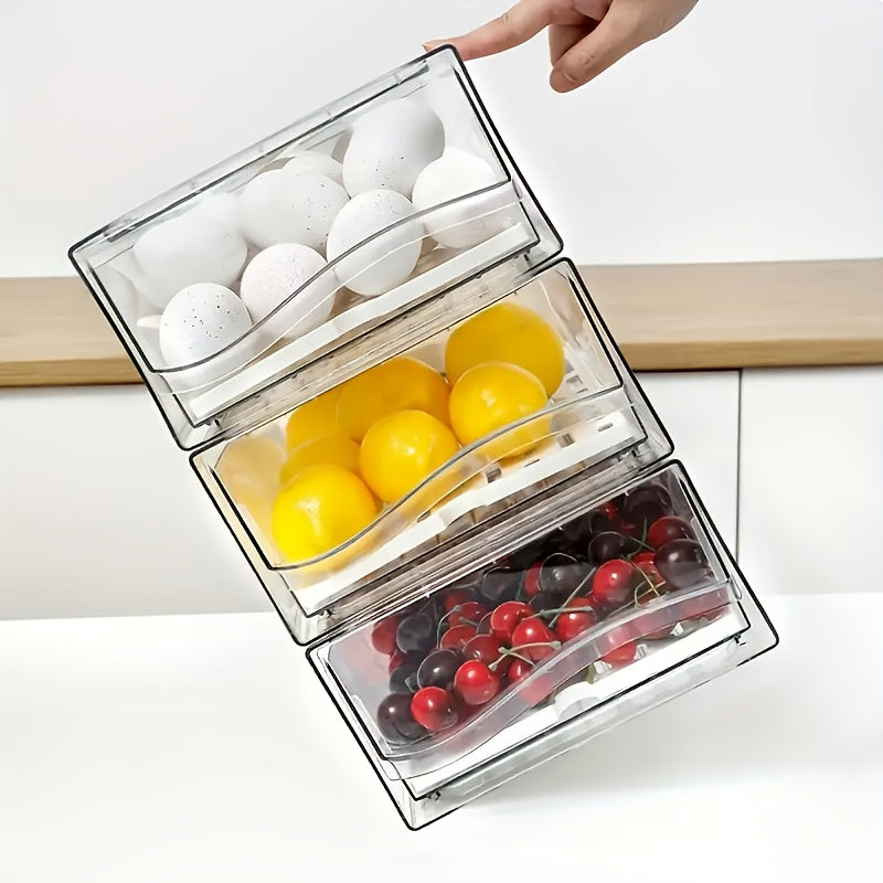 Stackable Refrigerator Organizer – Transparent PET Storage Drawer for Fruits, Vegetables, Meats, and Eggs