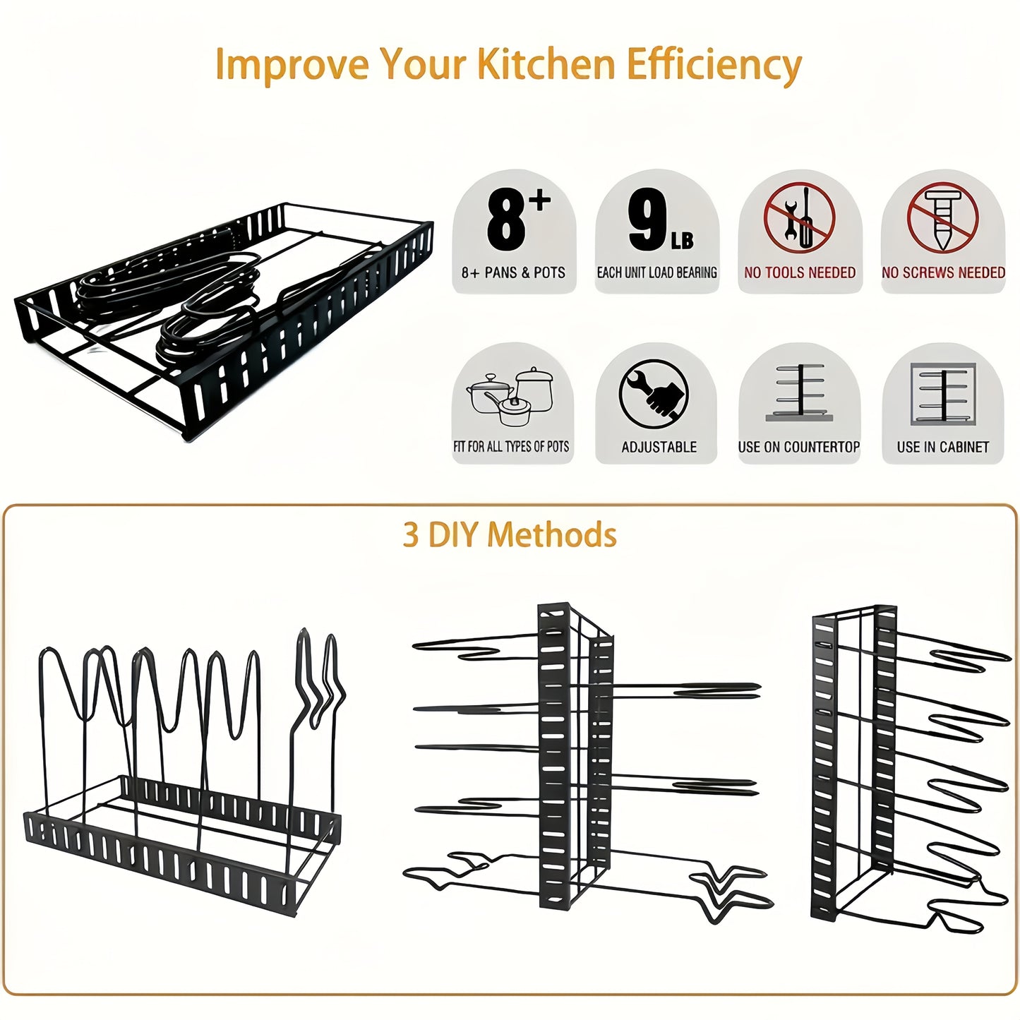 8-Tier Heavy-Duty Iron Pot Rack Organizer – Rust-Resistant Floor Standing Metal Pot & Pan Storage