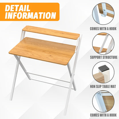 Space-Saving 2-Tier Folding Desk with Shelf – Portable Laptop & Study Table, Modern Wood Finish, No Assembly